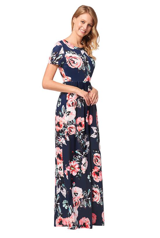 SZ60130-2  Summer Floral Print Long Dresses Maxi Waist High Tunic Pocket Dress